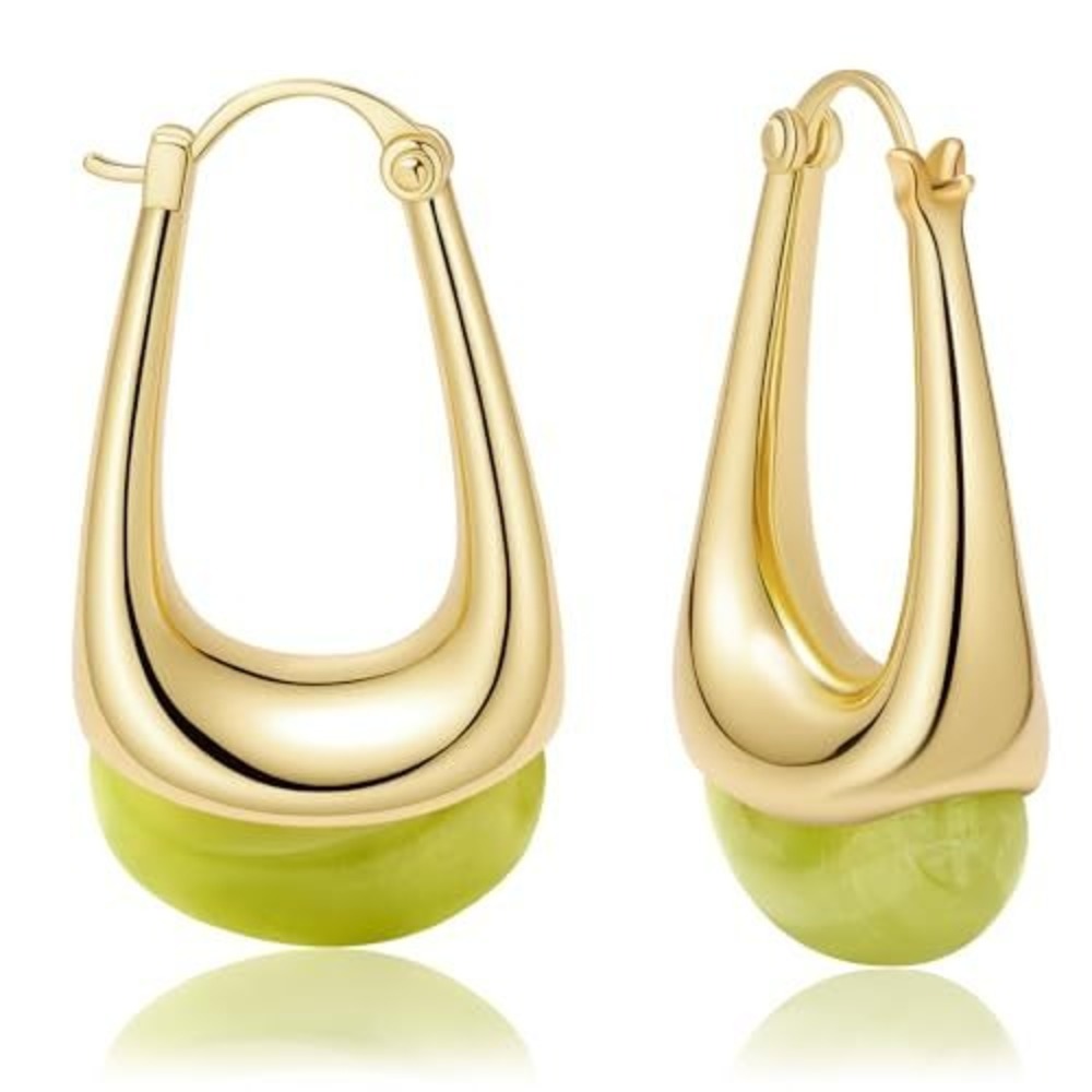 U-Shape Hoop Earrings with Lime Green Resin‎ Accent Lever Back Drop Earrings